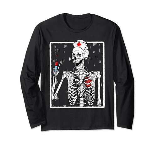 Funny Skeleton Halloween ICU RN Nurse Nursing Night Shift Long Sleeve T-Shirt