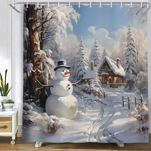 MERCHR Christmas Snowman Shower Curtain, Winter Snow Trees Rustic Farmhouse Bathroom Curtains, Durable Waterproof Fabric Bathtub Sets Home Decor 71 x 71 Inch