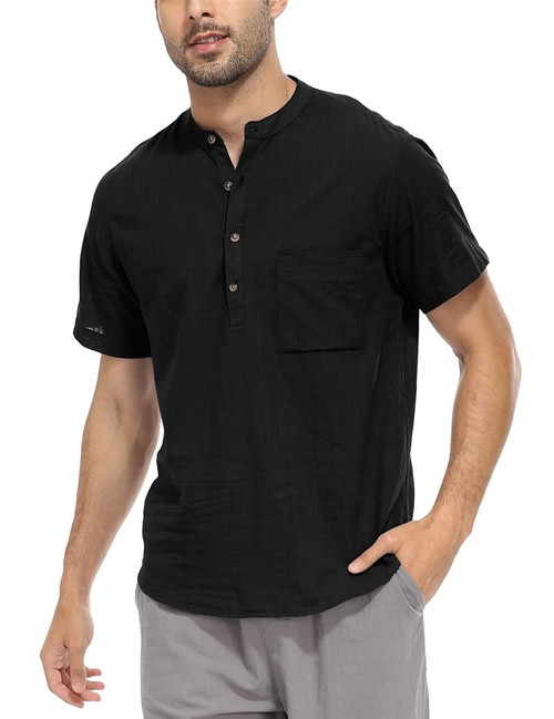 YeeHoo Men's Summer Linen Shirt Henley Button Down Short Sleeve Beach T-Shirts with Pocket Black