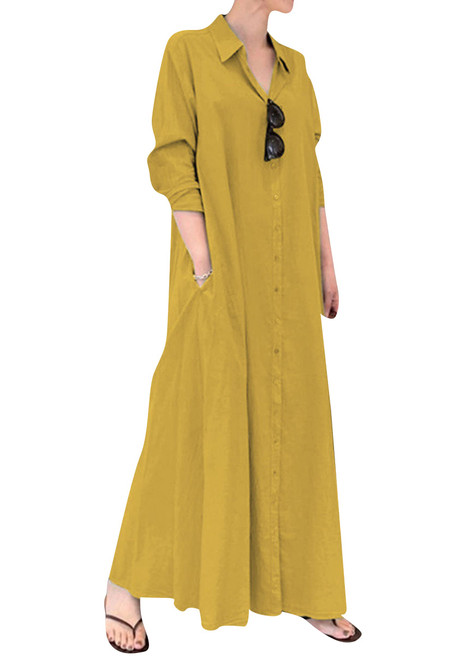 YMING Womens Solid Color Maxi Dress Casual Button Up Long Dress Simple Long Sleeve Dresses with Pockets Yellow L