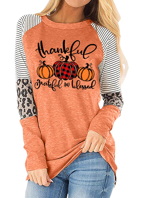 Thankful Grateful Blessed Shirts Women Thanksgiving Pumpkin T-Shirt Fall Tshirt Raglan Sleeve Top Tees (Orange, X-Large)