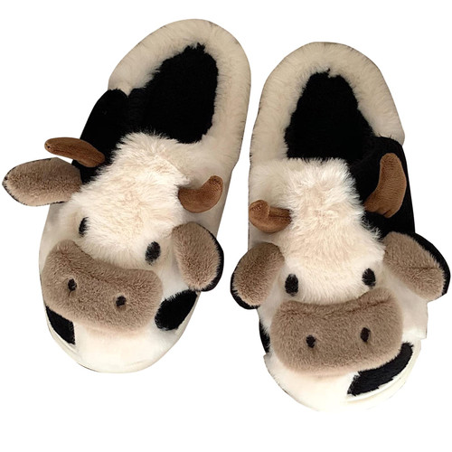 MIFXIN Cute Cow Slippers Kawaii Fuzzy Cow Slippers Warm Fleece Winter Indoor Slipper Soft Slip-on Cartoon Cozy Animal Slipper House Shoes for Women Girls (Size 9.5-10)