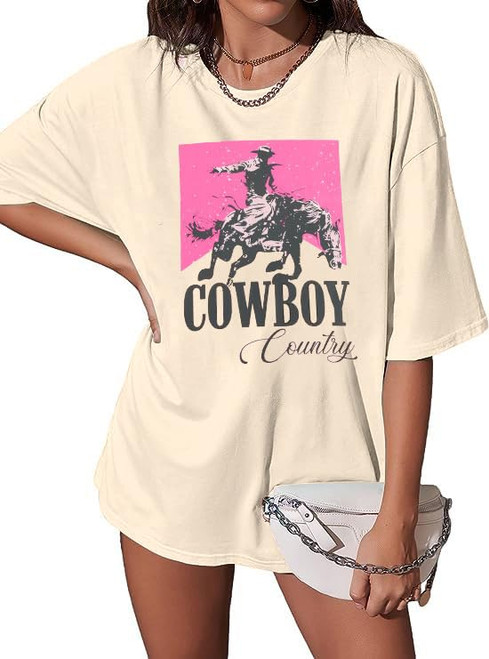 Cowgirl Shirt Women Oversized Western Country Shirts Rodeo Cowboys Graphic Tops Shirts Vintage Fall Crew Neck Pullover Apricot