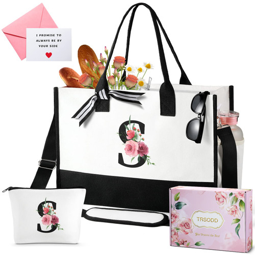 Floral Ini-tial Beach Bag w Makeup Bag, Personalized Friends Birthday Gifts, Mono-gram Can-vas Tote Bag for Women w Inner Pocket, Side Pocket, Shoulder Strap, Gift Box, Card, Sisters Grandma Gifts S