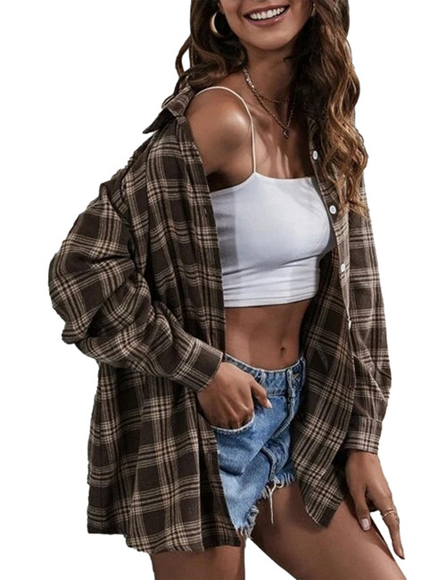 Zontroldy Plaid Flannel Shirts for Women Oversized Long Sleeve Button Down Buffalo Plaid Shirt Blouse Tops (0228-Coffee-XXL)