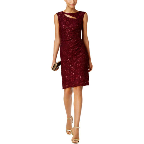 Connected Apparel Womens Cut-Out Sequined Cocktail Dress Red 10