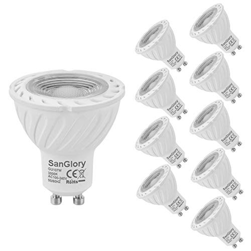 SanGlory GU10 LED Bulbs 60W Halogen Bulbs Equivalent, 7W, 560LM, 3000K Warm White, Non-Dimmable, 60° Beam Angle, LED Spot Light Bulbs, Pack of 10 Units (10 Packs)