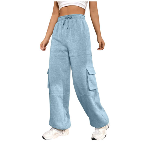 Womens Wide Leg Pants Cargo Sweatpants Women Baggy High Waist Adjustable Cinch Bottom Pants Comfy Sports Joggers with Pockets Straight Leg Sweatpants for Women