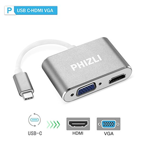 USB- C to HDMI VGA Adapter for Essential Phone,Phizli 2 in 1 USB 3.1 Type C to VGA HDMI 4K UHD Converter Adaptor Dual Screen Display with Aluminium Case for 2017/2016 MacBook/ChromeBook Pixel