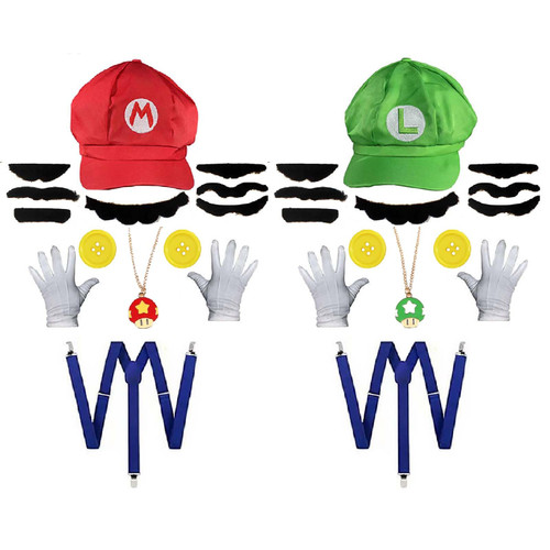 2 Sets Super Brothers Costumes for Kids, Super Bros Hats Mustaches Gloves Buttons Suspenders for Boys Girls Kids Halloween Cosplay Costumes Accessories