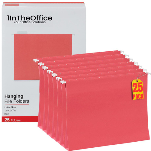 1InTheOffice Red Hanging File Folders Letter Size, Adjustable Tabs, Letter Size File Folders Hanging, File Cabinet Dividers, 25 Pack