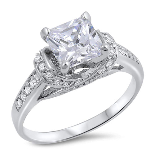 Square Princess Clear CZ Wedding Ring .925 Sterling Silver Knot Band Size 9