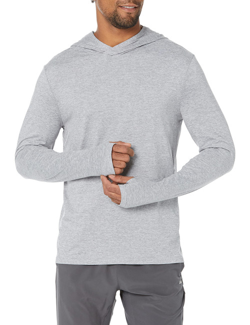 Amazon Essentials Men's Tech Stretch Long-Sleeve Hooded T-Shirt, Light Grey Space Dye, Medium