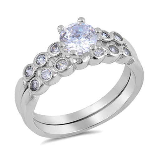Round Solitaire Clear CZ Wedding Ring Set .925 Sterling Silver Band Size 8
