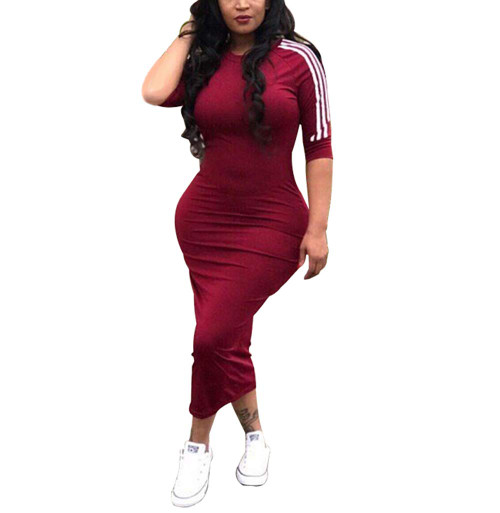 ECHOINE Women's Casual Bodycon Dress Half Sleeve Pencil Midi Party Clubwear Plus Size Red S