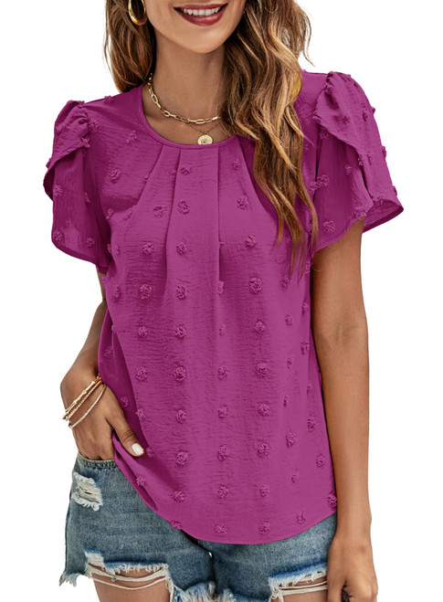 Womens Shirts Dressy Casual Work Tops Chiffon Blouse Summer Short Sleeve Shirts 6079 Hot Pink Medium