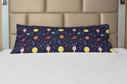 Ambesonne Spaceship Body Pillow Case Cover with Zipper, Cosmic Themed Pattern of Flying Spacecraft in Outer Space Stars Planets, Decorative Accent Long Pillowcase, 21" x 54", Indigo Multicolor