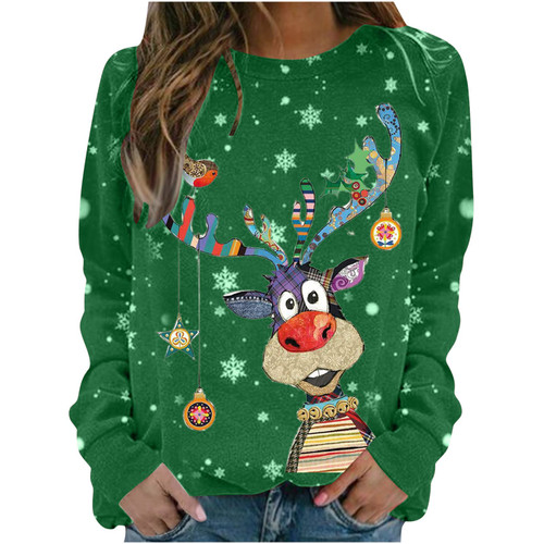 Zkuisw Ugly Christmas Sweater for Women Funny Cute Moose Prints Crewneck Sweatshirts Lightweight Comfy Long Sleeve Shirts Top