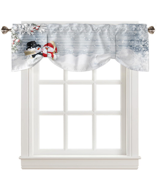 Goydema Tie Up Valance Curtains for Kitchen Windows, Christmas Snowman with Xmas Tree Wood Gtain Valance Rod Pocket Window Treatment Valances for Living Room Bathroom Bedroom, 54x18 inches