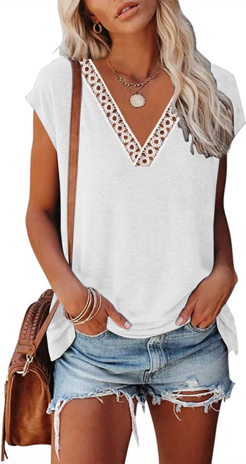 ETCYY Womens Casual Cap Sleeve Tops 2023 Trendy Solid Color Summer Tops Loose Fit Lace T Shirts White Blouses ETCYY Womens Casual Cap Sleeve Tops 2023 Trendy Solid Color Summer Tops Loose Fit Lace T Shirts White Blouses