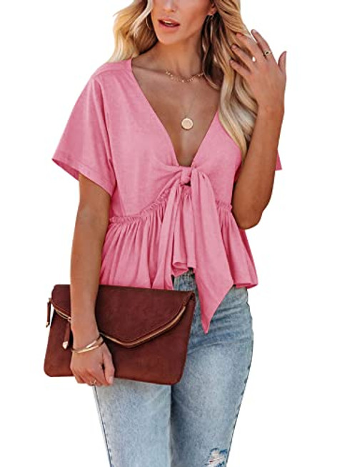 Fanway&EC Women's Short Sleeve V Neck Blouses Ruffle Hem Tie Front Crop Tops Lightweight Basic Summer Tops (Pink,Small,Small,US,Alpha,Adult,Female,Regular,Regular)