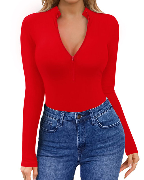 HERLOLLYCHIPS Womens Long Sleeve Tops Mock Neck Deep V Zipper Front Ribbed Knit Tight Sexy Casual Fall Winter Tees T-Shirts (Red, Medium)