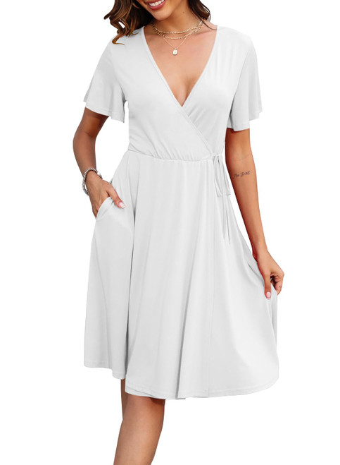 Women Casual Short Sleeve Dresses Empire Waist Knee Length Dress with Pockets (XXL,White) Women Casual Short Sleeve Dresses Empire Waist Knee Length Dress with Pockets (XXL,White)