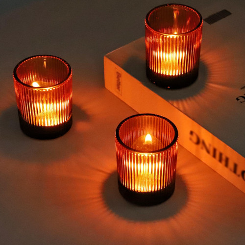 VOHO Amber Candle Holders for Votive Candles/Tea Lights Candles, Ribbed Votive Candle Holders for Table Centerpiece, 12pcs Tealight Candle Holder Decor for Thanksgiving & Christmas