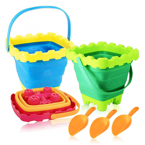 6PCS Collapsible Sand Buckets and Shovels Foldable Beach Buckets with Handle Silicone Sand Buckets Silicone Collapsible Bucket