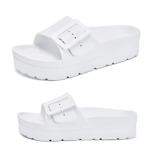 Women's Platform White Sandals, Open Toe Flat Slides With Arch Support, Adjustable Single Buckle Straps, Women Summer Essential Beach Sandles