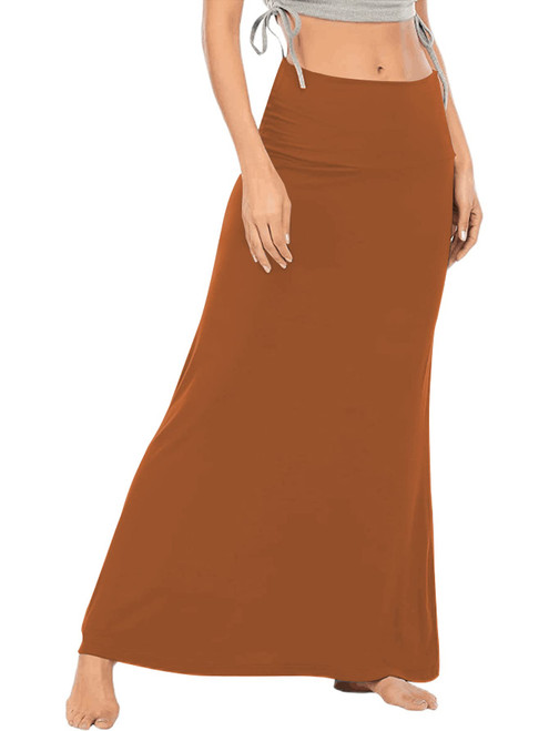 LYANER Women's Casual High Waist Solid Flare Maxi Long Skirt Rust Brown X-Small