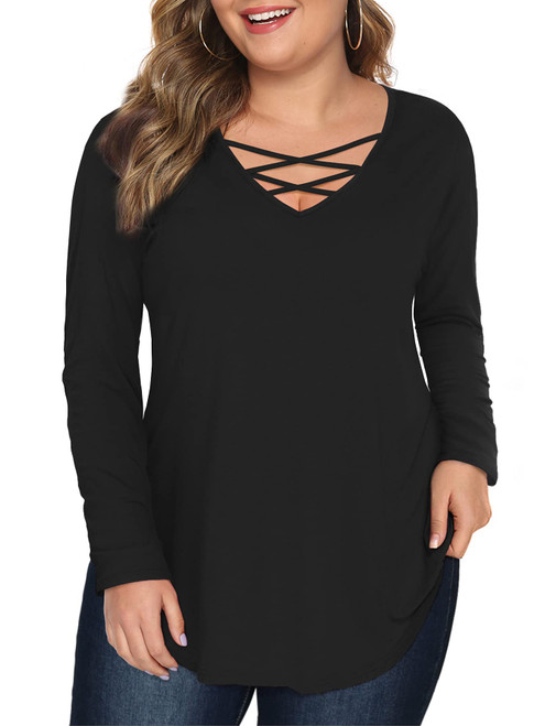 Amoretu Women's V Neck Tops Loose Fit Tees Long Sleeve T Shirts (Black, 2XL)