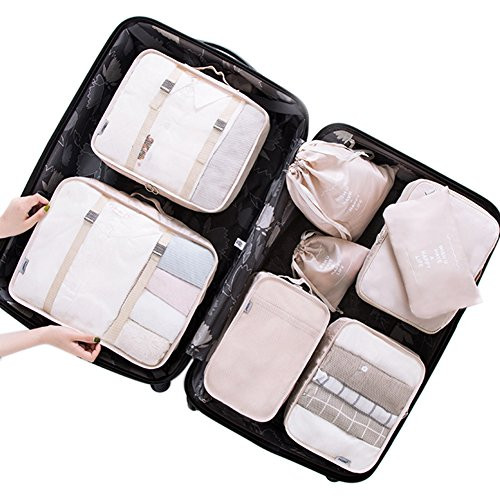 Belsmi 8 Set Packing Cubes - Waterproof Compression Travel Luggage Organizer With Shoes Bag (Beige)