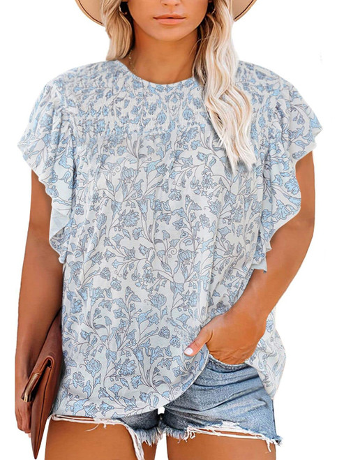 Eytino Women Plus Size Summer Tops Ruffle Sleeveless Crew Neck Boho Floral Print Loose Casual Blouses Shirts,1X Sky Blue