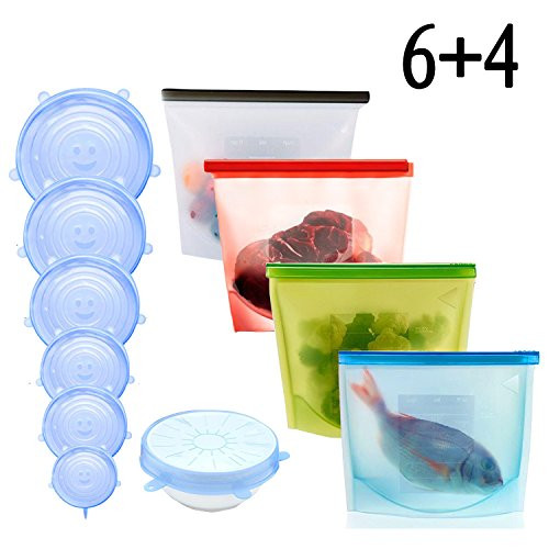 Silicone Food Storage Bag?Reusable Food Preservation Bag Airtight Seal Food Storage Container & Silicone Stretch Lids, Various Sizes Silicone Storage Covers Expandable Food Covers