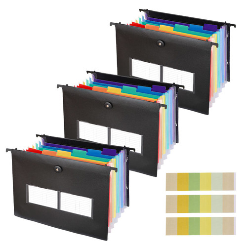 3 Pack Hanging File Folders Letter Size, Biupky Large Capacity 7 Pockets Expandable File Folder with Multi-Color Tabs,Hanging File Organizer File Folders for Filing Cabinet Office School