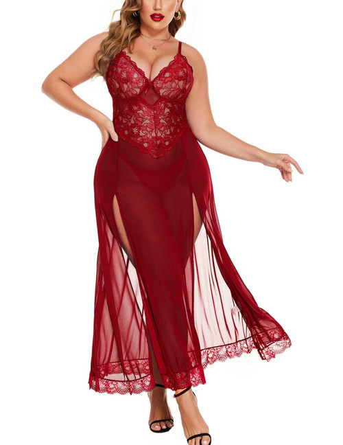 Avidlove Lingerie for Women Plus Size Split Long Mesh Lingerie Dress Babydoll Chemise Wine Red