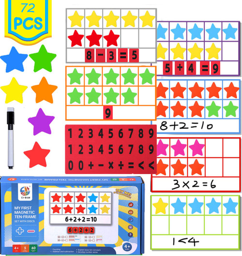 Magnetic Ten-Frame Set, 6 Frames & 66 Colorful Star Counters with Magnetic Numbers Ten Frame Math Games, Ten Frame Counters Math Toy for Kids 6-8 Montessori Educational Toy