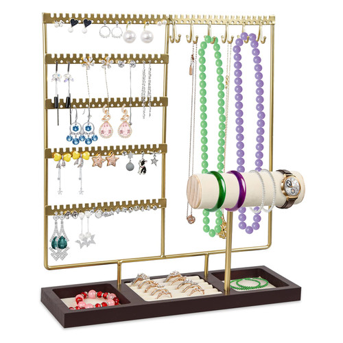GVIZNO Earring Holder Organizer with108 Holes, Jewelry Organizer Stand with Necklace Holder, Earring Organizer, Bracelet Display Stand Wooden Ring Tray for Earring Necklace Bracelet Ring Watche (gold) GVIZNO Earring Holder Organizer with108 Holes, Jewelry Organizer Stand with Necklace Holder, Earring Organizer, Bracelet Display Stand Wooden Ring Tray for Earring Necklace Bracelet Ring Watche (gold)
