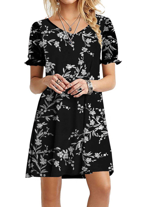WEACZZY Summer Dresses for Women Short Sleeve Casual T-Shirt Dresses V-Neck Floral Sundresses Flowy Tunic Dress with Pockets, Floral Black, X-Large