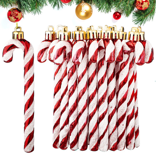 60 Pcs Christmas Glitter Candy Cane Plastic Candy Cane Ornaments Candy Cane Xmas Tree Decorations Christmas Tree Hanging Ornaments for Holiday Party Decoration Favors (Red)