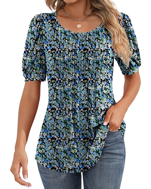 Ficerd Women's Puff Short Sleeve Tunic Tops Pleated Crew Neck Blouses Dressy Casual Loose Spring and Summer T-Shirts (Blue Flower, Medium)