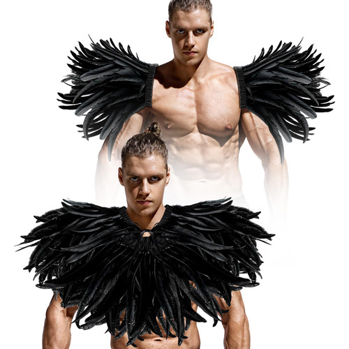 Hercicy Halloween Feather Shrug Cape Shawl Men Gothic Crow Feather Shawl for Costume Cosplay Masquerade Easter Carnival(Black, Cape)