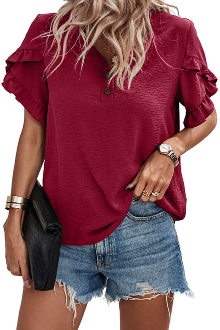 ECOIWSH Womens Summer Tops Dressy Casual Ruffle Short Sleeve Tunics Shirts Blouses Spring Tops for Women Wine Red XL ECOIWSH Womens Summer Tops Dressy Casual Ruffle Short Sleeve Tunics Shirts Blouses Spring Tops for Women Wine Red XL