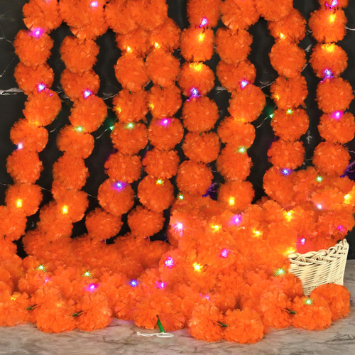 Marigold Garland for Decoration, 5 Pcs Marigold Flower Garland with Light for Indian Decor,5 Feet Artificial Marigold Flower Diwali Decorations,Marigold Flowers for Day of The Dead, Weddings,Halloween