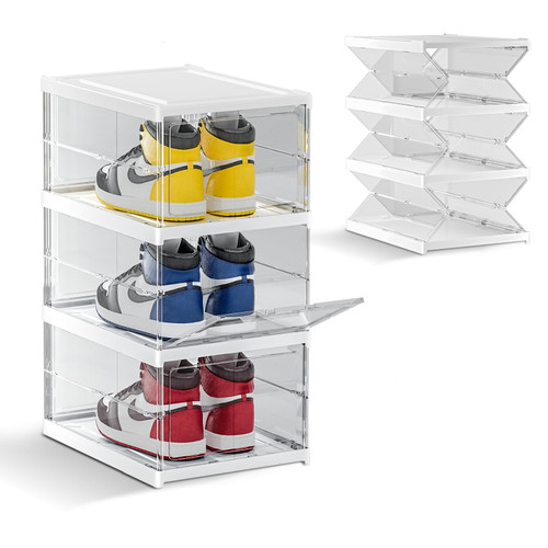 Shoe Storage Boxes, 3 Layers Shoe Storage Organzier, Foldable Shoes Boxes Clear Plastic Stackable, Shoes Organzier, Sturdy Shoe Box Storage Container, Space Saving Shoe Rack Sneaker Container