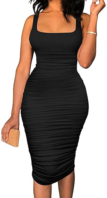 Women's Sexy Bodycon Tank Top Dress Sleeveless Backless Basic Ruched Stretchy Party Club Midi Dresses (Black, Medium) Women's Sexy Bodycon Tank Top Dress Sleeveless Backless Basic Ruched Stretchy Party Club Midi Dresses (Black, Medium)