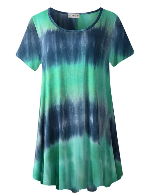 LARACE Tie Dye Shirt Women Tunic Tops Plus Size Blouses Short Sleeve Summer Clothes Loose Fit for Leggings(3X, T05-Navy)