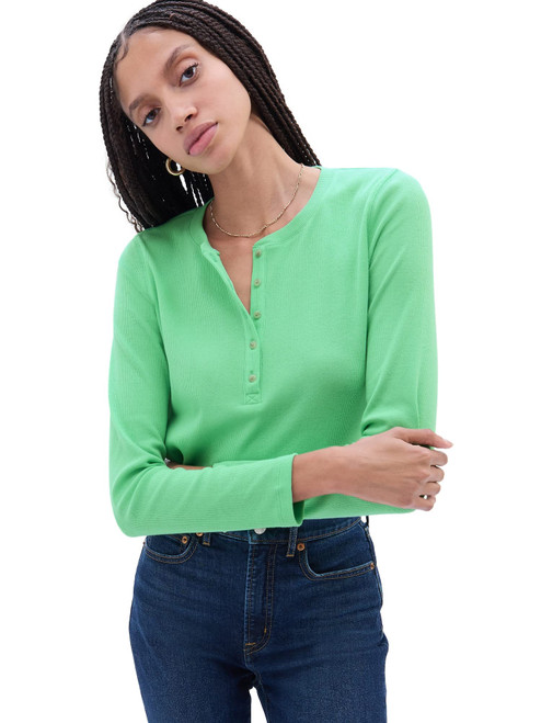 GAP Womens Ribbed Long Sleeve Henley Shirt, Bright Aloe Global, Large US