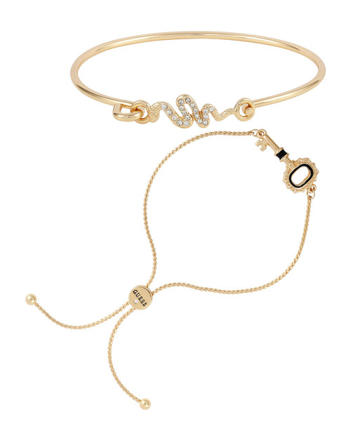 GUESS Gold-Tone Tension Bangle and Slider Bracelet Duo With Snack Pendant and Key Pendant Design